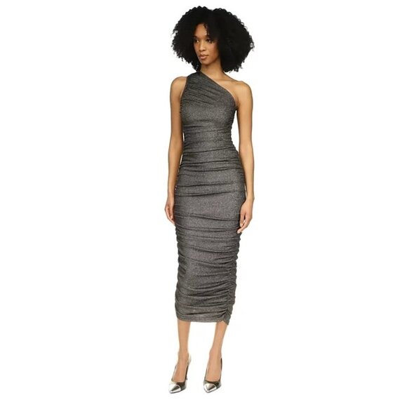 Michael Kors Ruched Metallic One-Shoulder Midi Dress Black Size L MSRP $155 - Picture 1 of 3